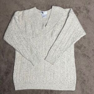 Max Bradley Vintage Silk Lambswool Angora Cable Knit V-Neck Sweater Beige M/L